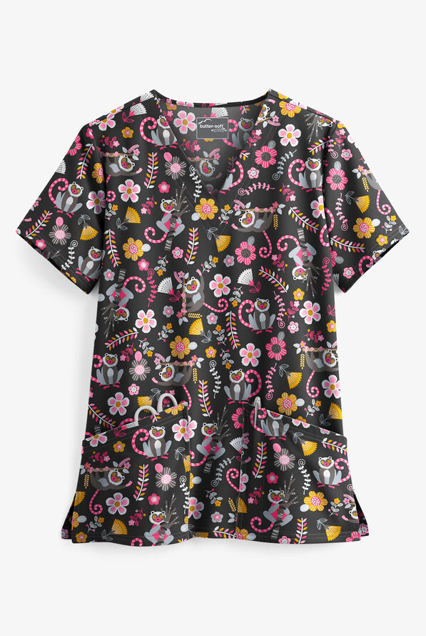 UA Butter-Soft STRETCH Lemur Love Black Printed Women's 2-Pocket V-Neck Scrub Top - null - 1