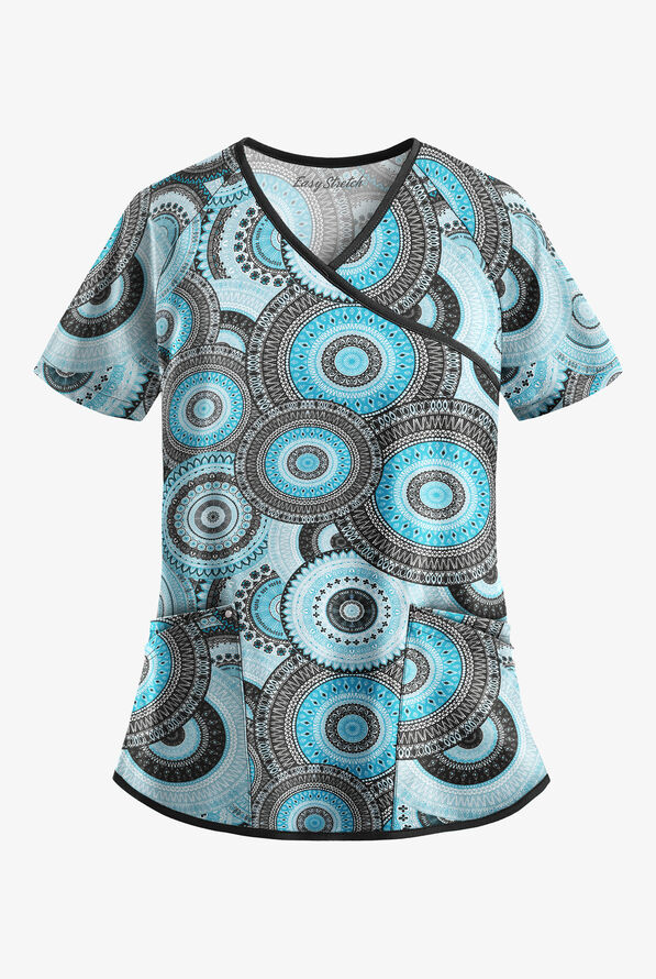Easy STRETCH  Mandala Women's 4-Pocket Crossover Front Print Scrub Top - null - 1