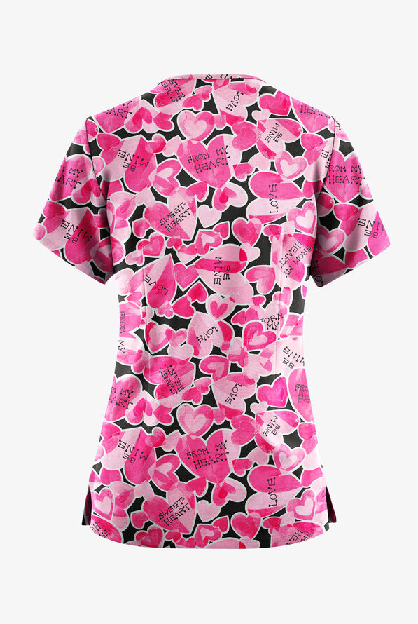 Butter-Soft Originals From My Heart Women's 4-Pocket Rounded V-Neck Print Scrub Top - null - 2