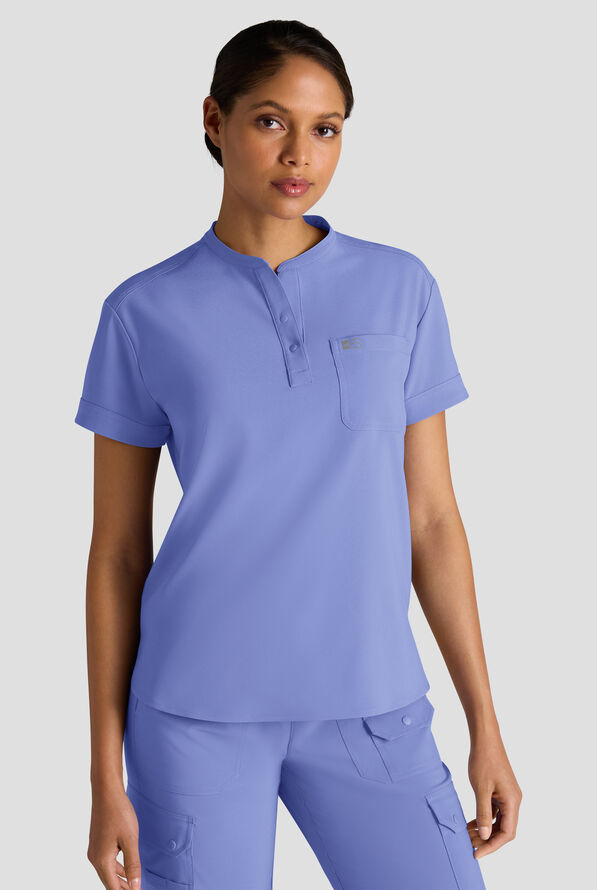 Easy STRETCH Bella Women's 1-Pocket Henley Scrub Top - Ceil Blue - 1