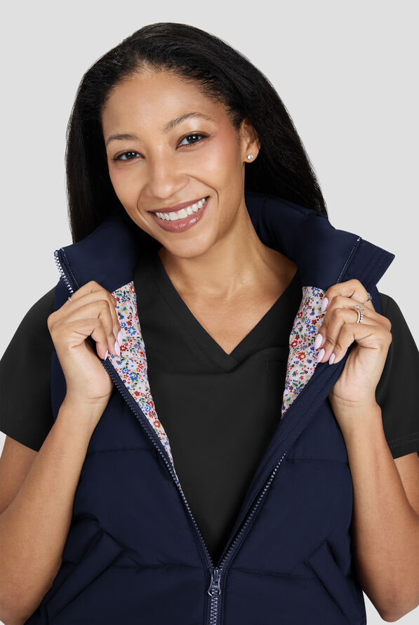 koi Essentials Nula Women's 2-Pocket Zip Front Puffer Scrub Vest - Navy - 4