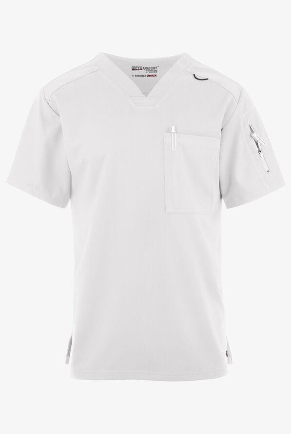 Grey's Anatomy by Barco Spandex STRETCH Murphy Men's 2-Pocket V-Neck Scrub Top - White - 1