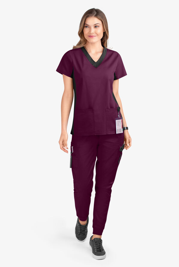 Butter-Soft STRETCH Women's 3-Pocket Contrast Scrub Top - Wine/Black - 2