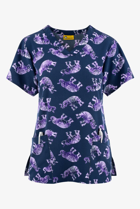  WonderWink Enchanted Elephants Women's 2-Pocket STRETCH V-Neck Print Scrub Top - null - 1