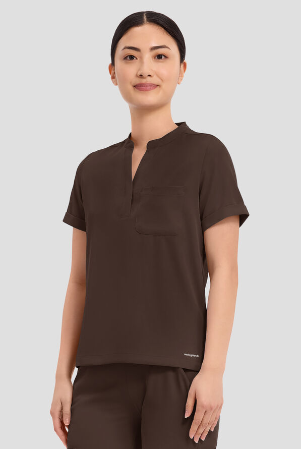 HH Works by Healing Hands Macy Women's 1-Pocket STRETCH Mandarin Collar Tuck In Scrub Top - Dark Chocolate - 2