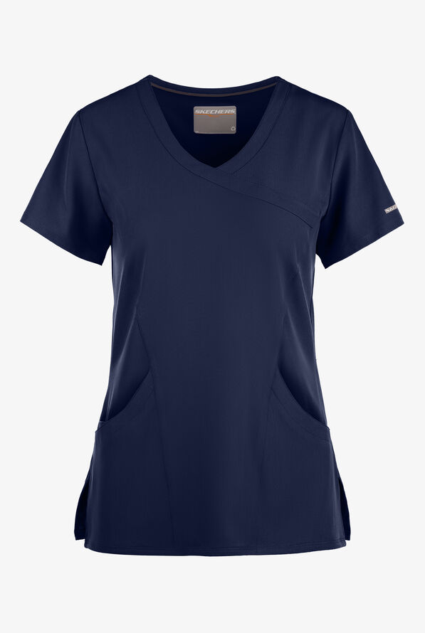 Skechers by Barco Reliance Women's 3-Pocket STRETCH Mock Wrap Scrub Top - Navy - 1