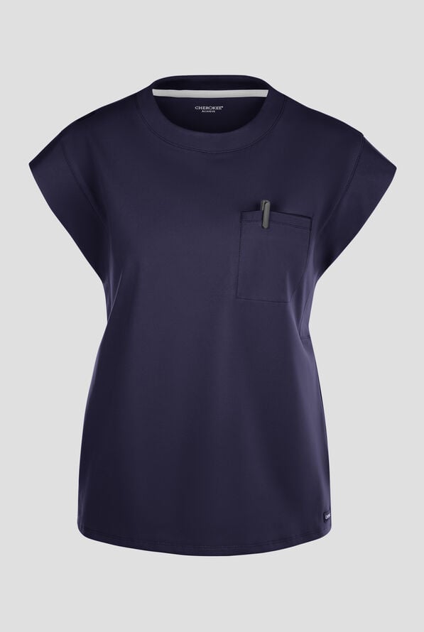 Cherokee Achieve Women's 1-Pocket STRETCH Raglan Sleeve Crew Neck Knit Scrub Top - Navy - 1