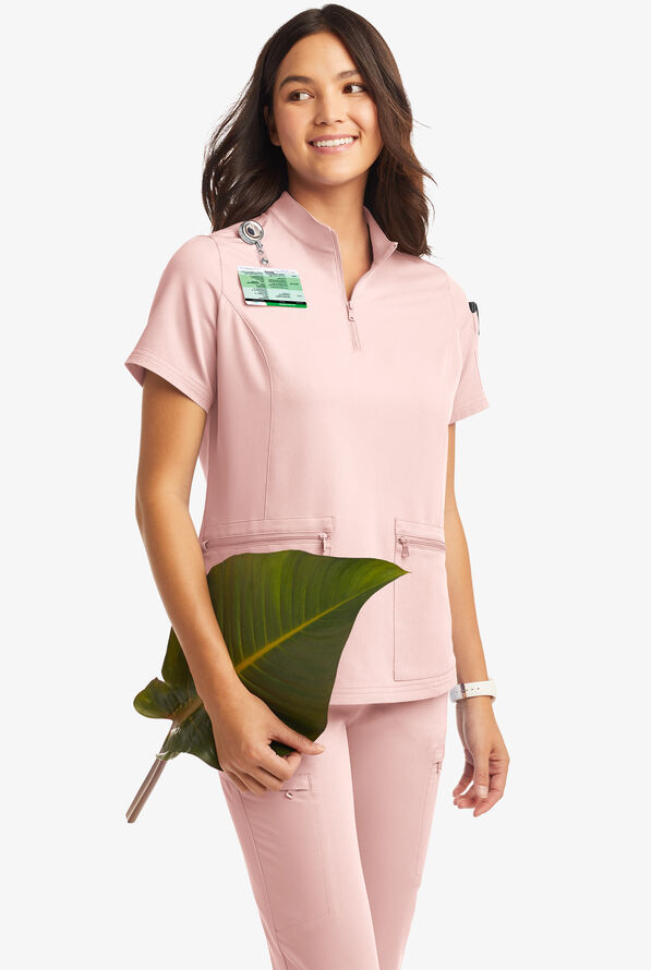 Butter-Soft Women's 5-Pocket Zipper Neck Short Sleeve Scrub Top **Slightly IRREGULAR** - Sweet Pink - 2
