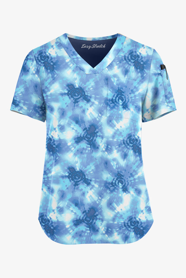 Easy STRETCH Tie-Dye Cerulean Women's 2-Pocket Tuck-In V-Neck Print Scrub Top - null - 1