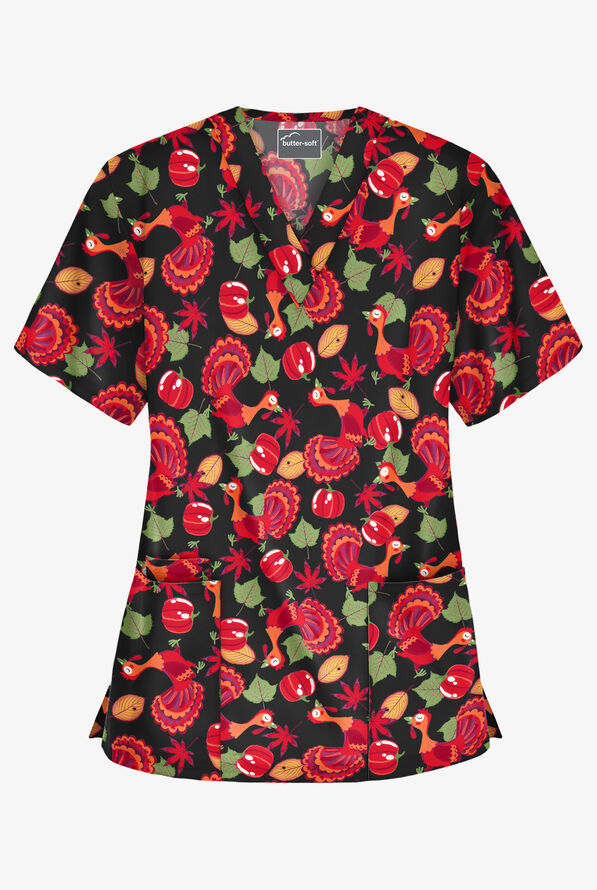 Butter-Soft Thanksgiving Morning Women's 3-Pocket V-Neck Print Scrub Top - null - 1