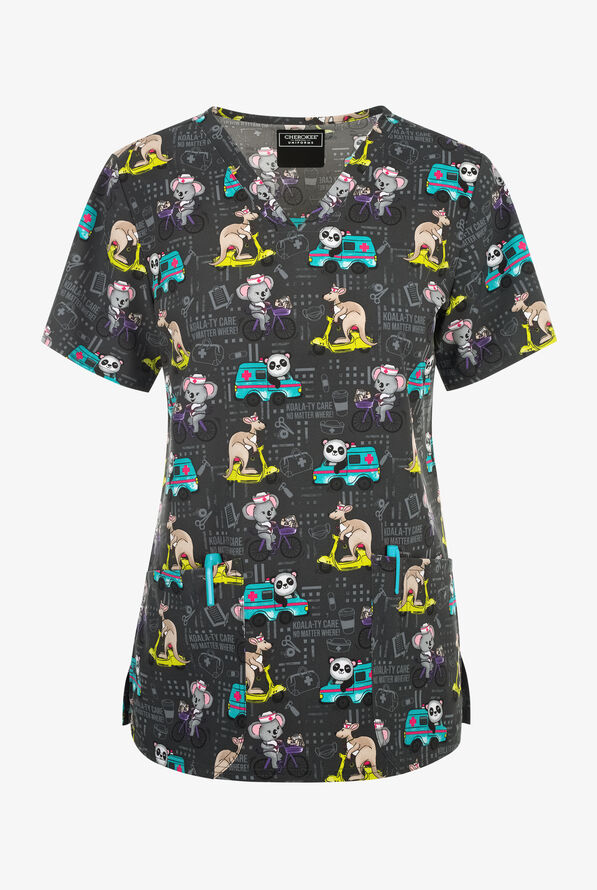 Blusa médica estampada Cherokee On The Go Care STRETCH con cuello en V y 2 bolsillos para mujer - null - 1