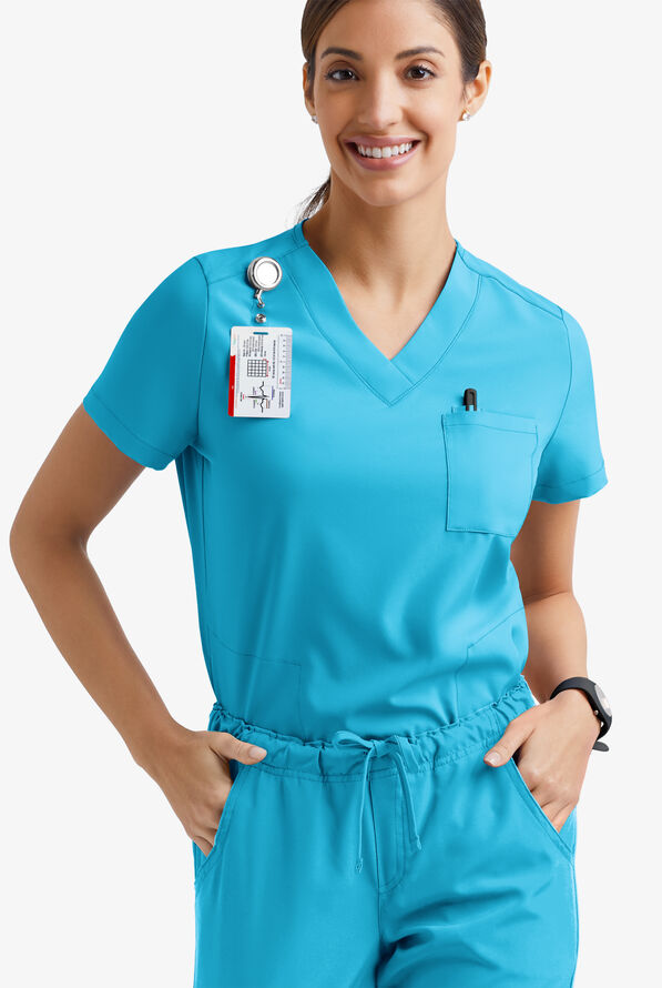 Easy STRETCH Taylor Women's 3-Pocket High Low Hem V-Neck Scrub Top - Turquoise - 1