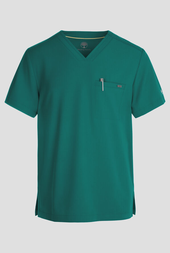 Healing Hands Quest Men's 1-Pocket STRETCH Tuck In V-Neck Scrub Top - Hunter - 1