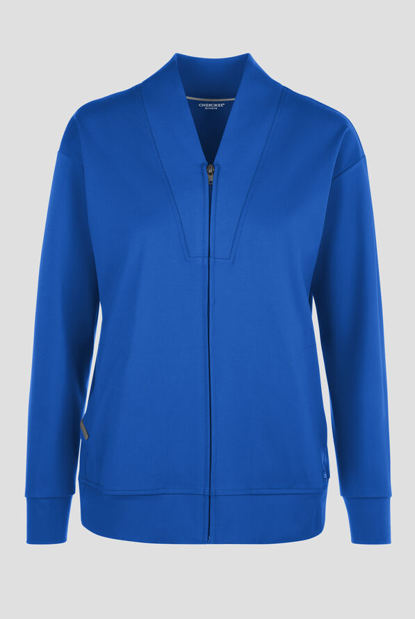 Cherokee Achieve Women's 2-Pocket STRETCH Zip Front Collar Knit Scrub Jacket - Royal - 1