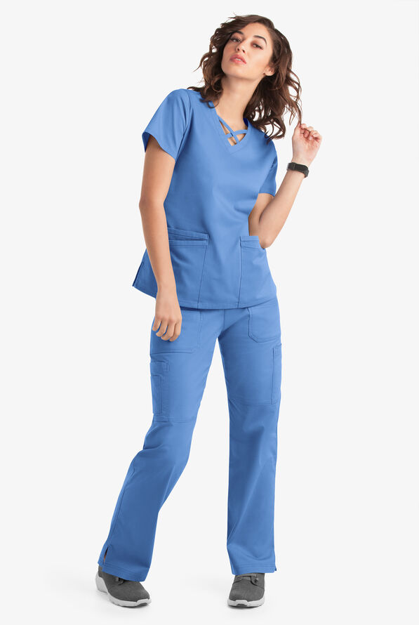 Blusa m&eacute;dica UA Butter-Soft STRETCH con lazos entrecruzados y 4 bolsillos para mujer - Ceil Blue - 6