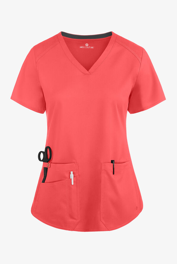Blusa m&eacute;dica Med Couture Touch STRETCH con cuello en V, paneles laterales acanalados, fald&oacute;n camisero y 3 bolsillos para mujer - Coral - 1