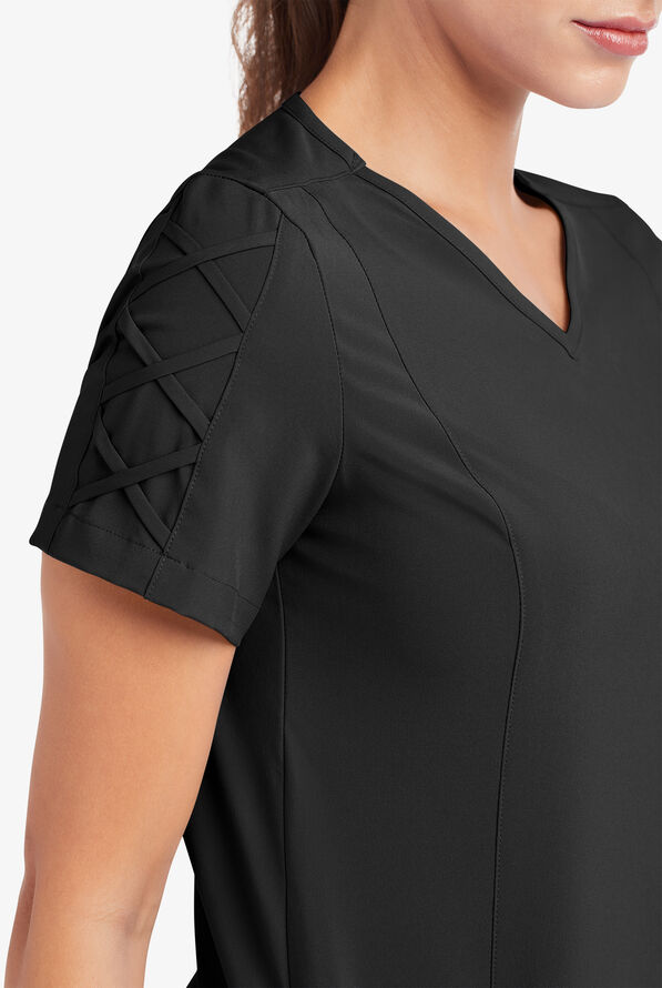Easy STRETCH Kylie Woman's 5 Pocket V-Neck With Criss-Cross Detail Scrub Top - Onyx Black - 6