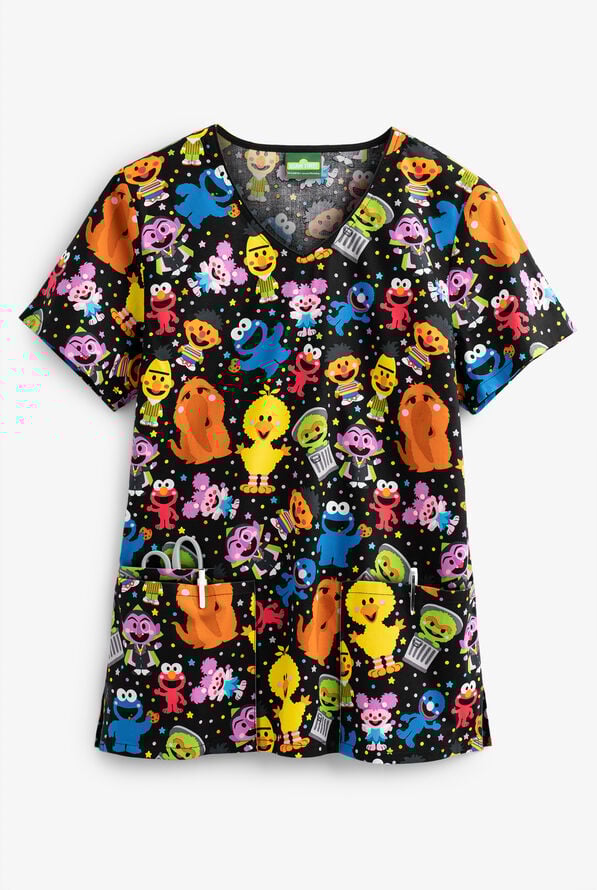 Cherokee Tooniforms Sesame Street Mini Sesame Women's 3-Pocket V-Neck Print Scrub Top - null - 1