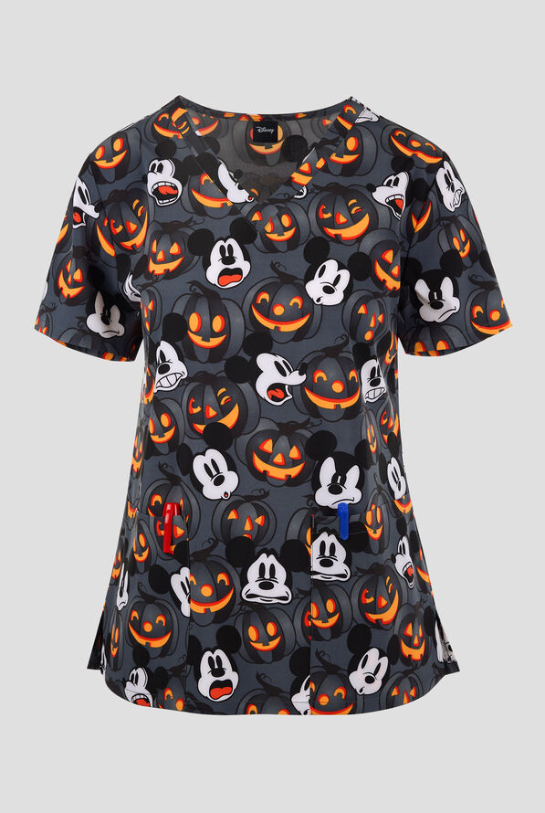Tooniforms Disney's Scaredy Pumpkin Women's 2-Pocket STRETCH V-Neck Print Scrub Top - null - 1