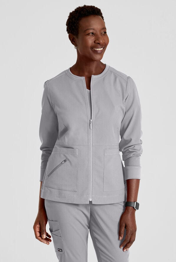 Grey's Anatomy by Barco Spandex STRETCH Millie Women's 3-Pocket Zip Front Warm Up Scrub Jacket - Moonstruck - 2