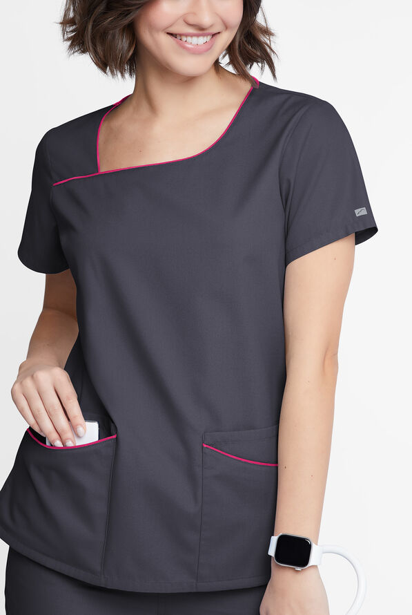 Butter-Soft Originals Women's 4-Pocket Asymmetrical Neck Scrub Top - Pewter/Fuchsia - 4