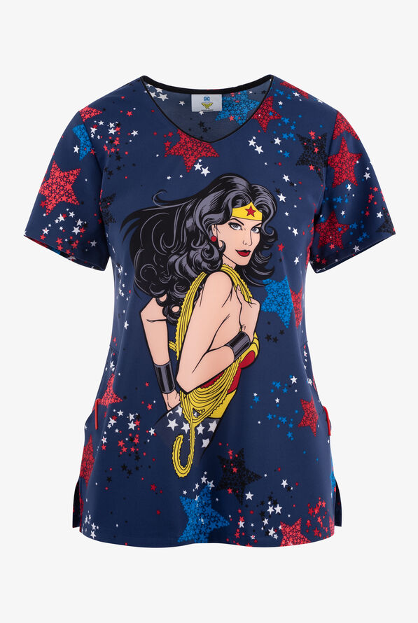 Tooniforms Wonder Woman Hang With The Stars Women's 2-Pocket  STRETCH V-Neck Print Scrub Top - null - 1