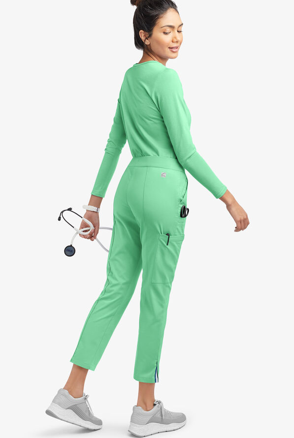 Butter-Soft STRETCH Women's 6-Pocket Pin-Tuck Crop Slim with Sport Trim Detail Scrub Pants - Green Jade/Silver Melange - 4