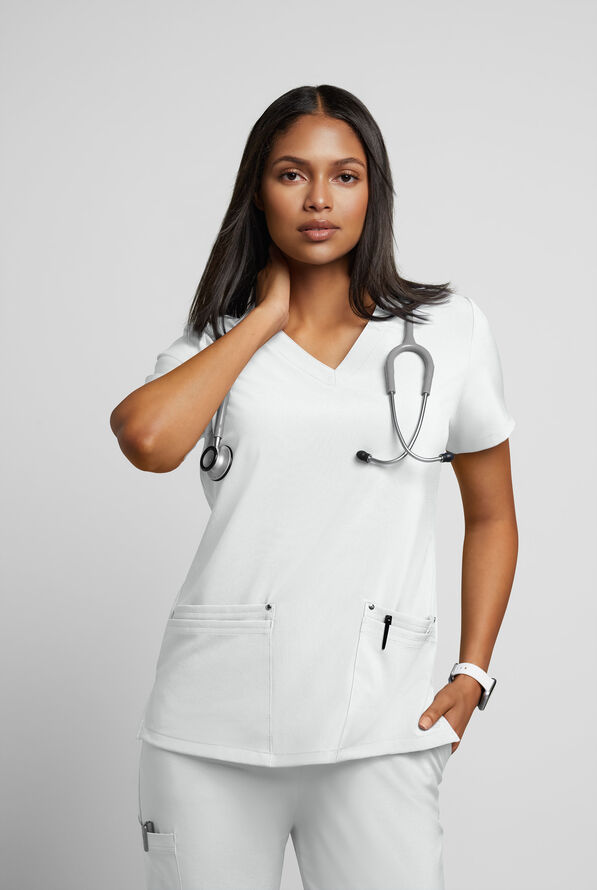 Easy STRETCH Lina Mitered Women's 4-Pocket V-Neck Scrub Top - White - 2