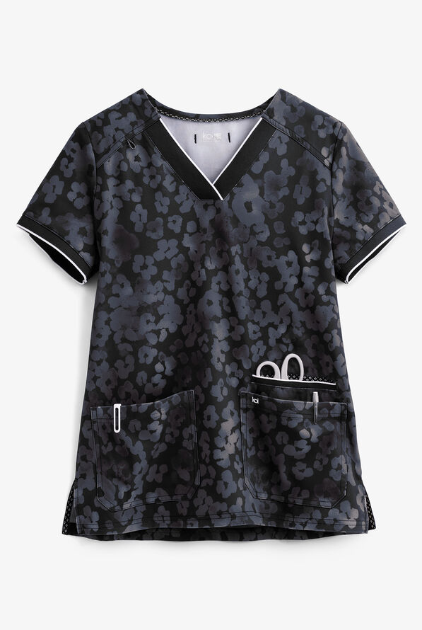 koi Next Gen Tonal Cheetah Charcoal Women's 3-Pocket V-Neck STRETCH Print Scrub Top - null - 1