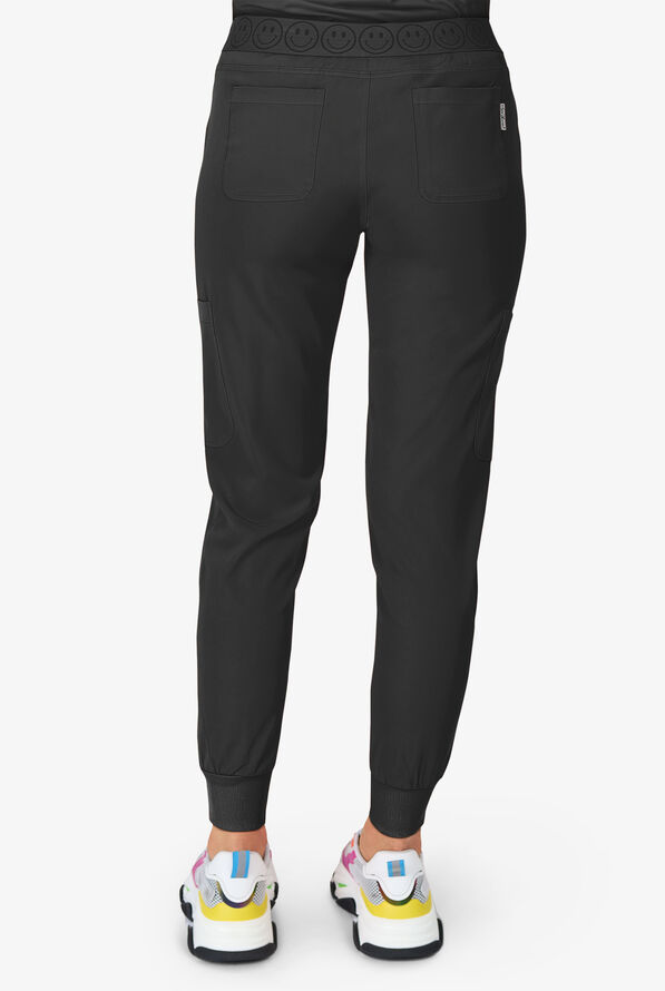 Zavate Ava Therese Women's 6-Pocket STRETCH Smile Face Elastic Waistband Cargo Jogger Scrub Pants - Petite - Black - 3