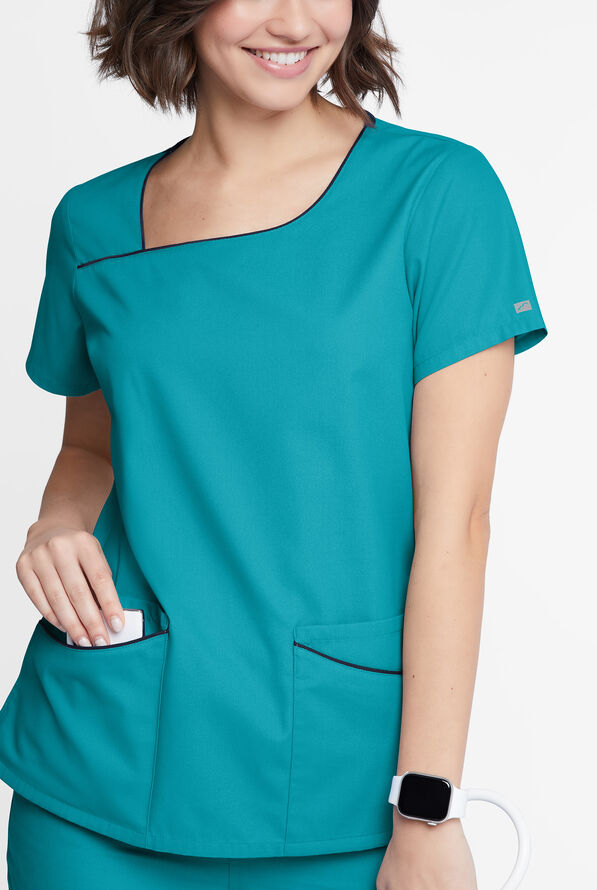 Butter-Soft Originals Women's 4-Pocket Asymmetrical Neck Scrub Top - Teal/Navy - 4