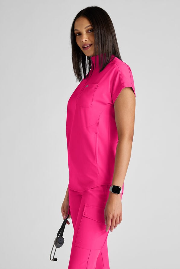 ReSurge Rhine Women's 5-Pocket Oversized Half Zip Stand Collar Scrub Top - Reactive Pink - 2