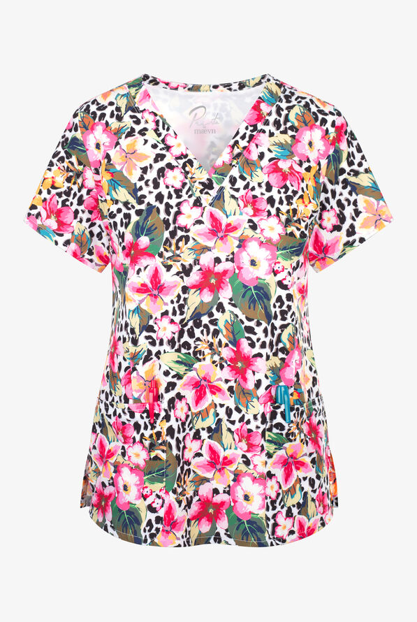 Maevn Wild Cats Floral Women's 3-Pocket STRETCH V-Neck Print Scrub Top - null - 1