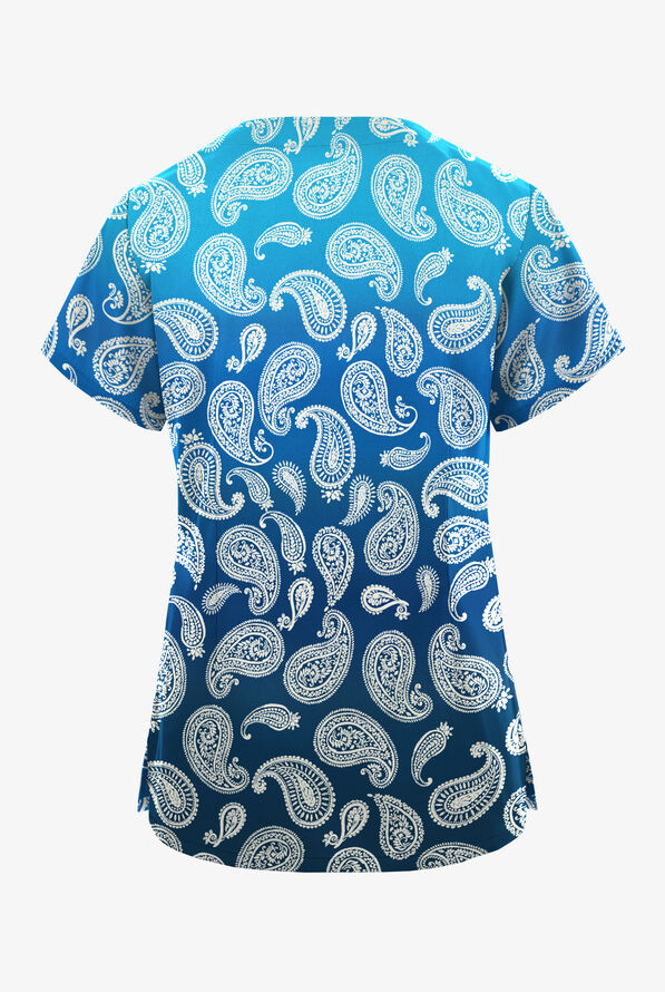Butter-Soft Originals Paisley Gradient Turquoise Women's 2-Pocket Scallop Neck Print Scrub Top - null - 2