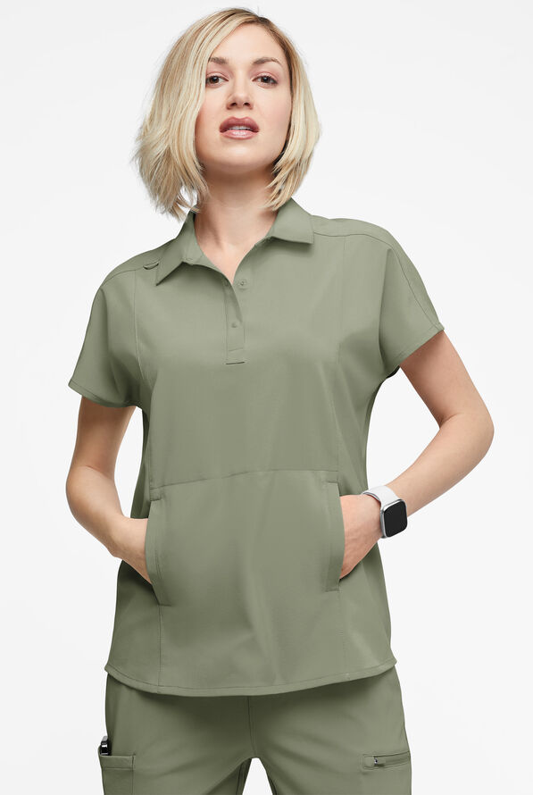 Easy STRETCH LEA Women's 3-Pocket Polo Collar Scrub Top - Olive Leaf - 2