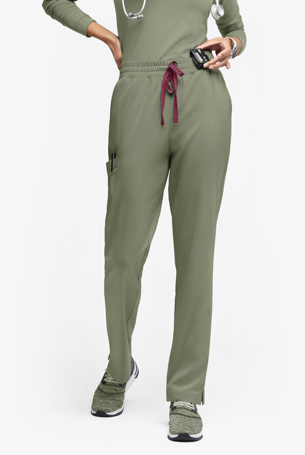 Easy STRETCH Naya Women’s Natural Waist 6-Pocket Straight Leg Scrub Pants - Petite - Olive Leaf/Wine - 1