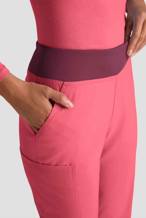 Butter-Soft STRETCH FLXTEK+ Women's 4-Pocket Knit Waistband Yoga Scrub Pants - Rouge Rose/Wine - 5
