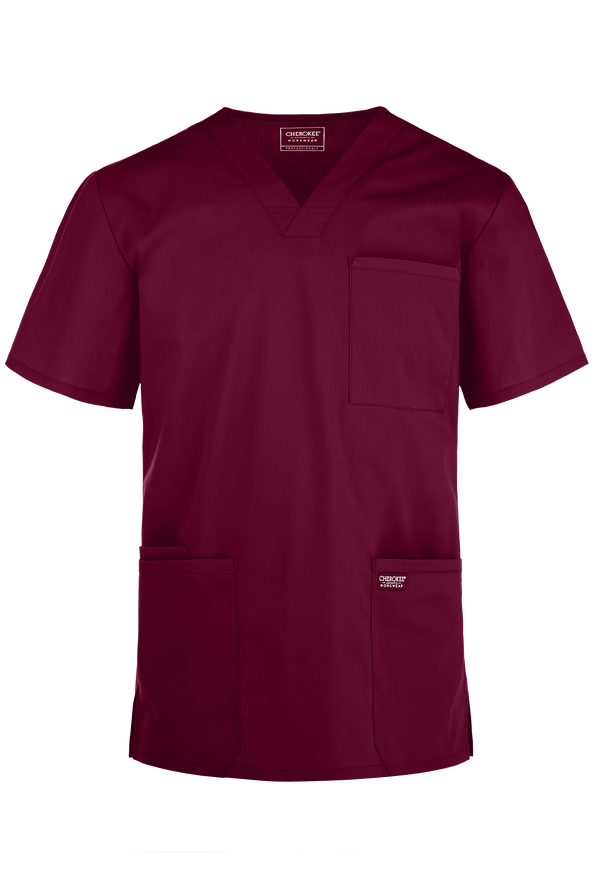 Cherokee Workwear Professionals Men's 4-Pocket STRETCH V-Neck Scrub Top - Wine - 1