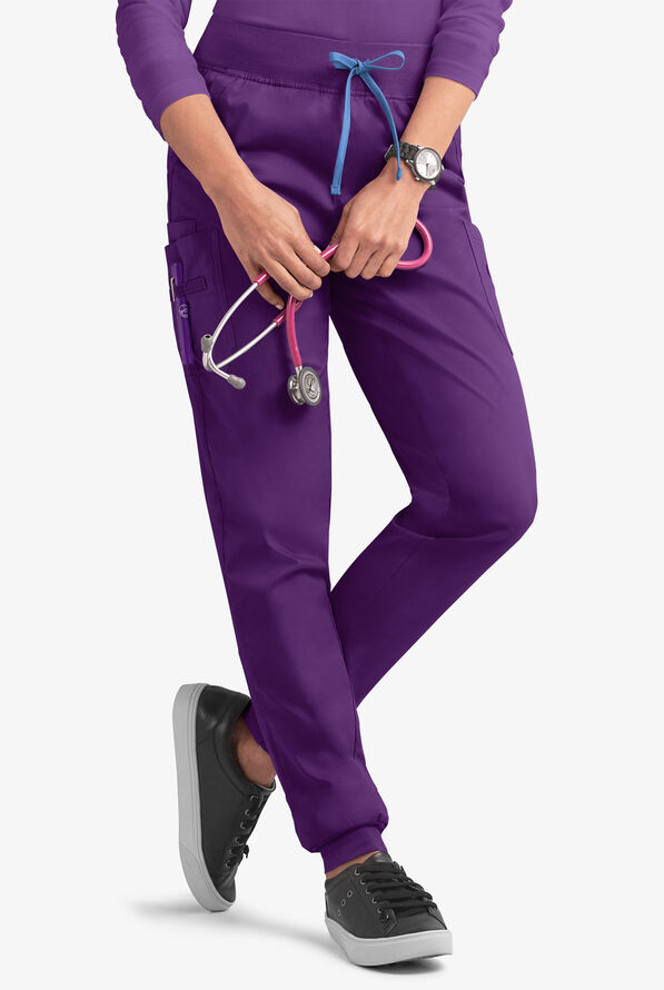 Butter-Soft STRETCH Women's 5-Pocket Contrast Trim Drawstring Cargo Scrub Pants - Eggplant/Ceil - 1