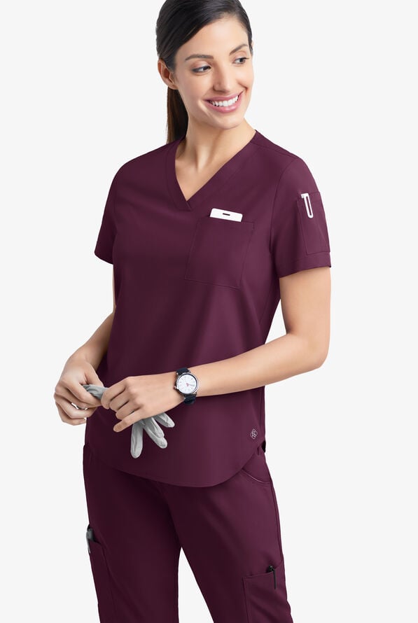 Easy STRETCH Chloe Women's 3-Pocket V-Neck Tuck-In Scrub Top - Dark Mulberry - 3