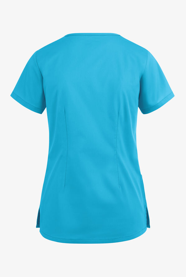Butter-Soft STRETCH Women's 3-Pocket V-Neck Mock Wrap Scrub Top - Turquoise - 4
