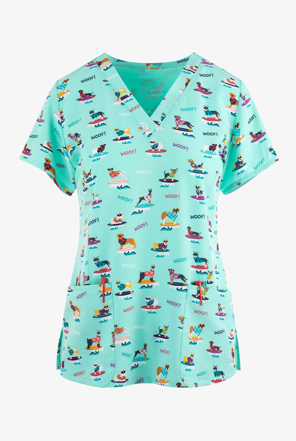 Maevn Surf's Up Dogs Women's 3-Pocket STRETCH V-Neck Print Scrub Top - null - 1