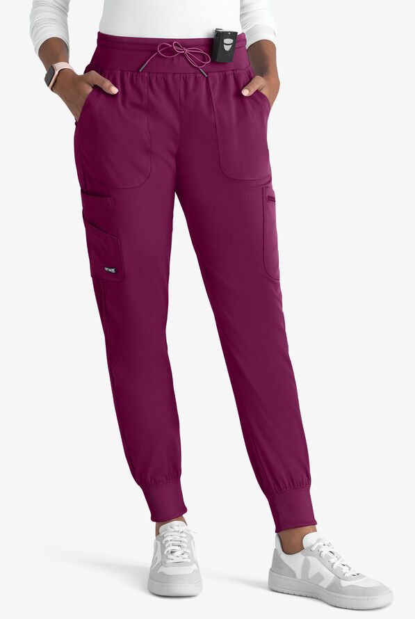 Grey's Anatomy by Barco Spandex STRETCH Carly Women's 7-Pocket Cargo Jogger Scrub Pants - Petite - Wine - 1