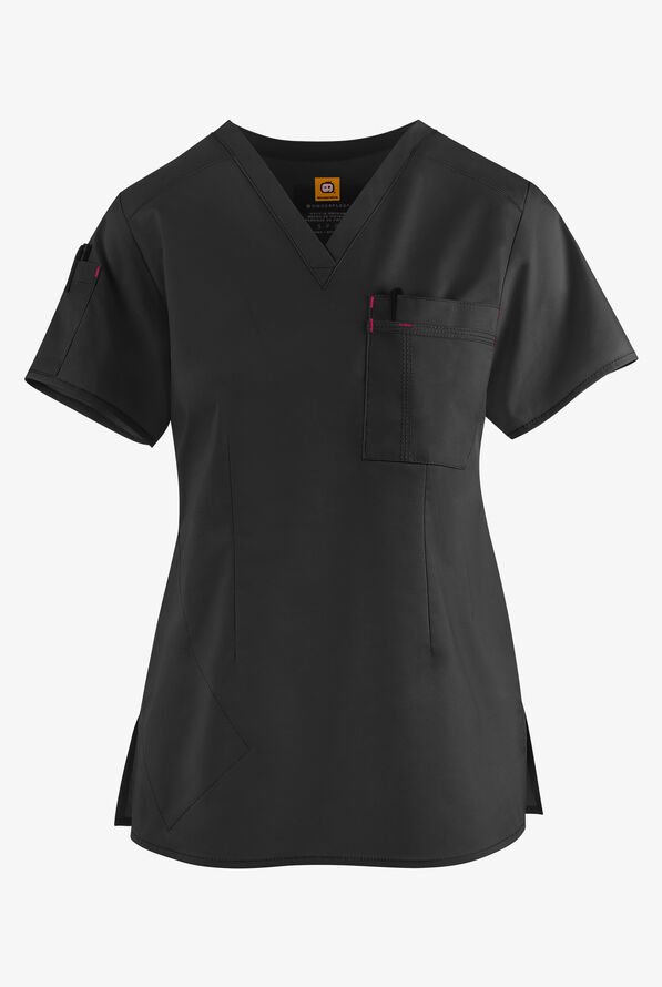 WonderWink WonderFlex Women's 4-Pocket STRETCH  Tuck In V-Neck Scrub Top - Black/Hot Pink - 1