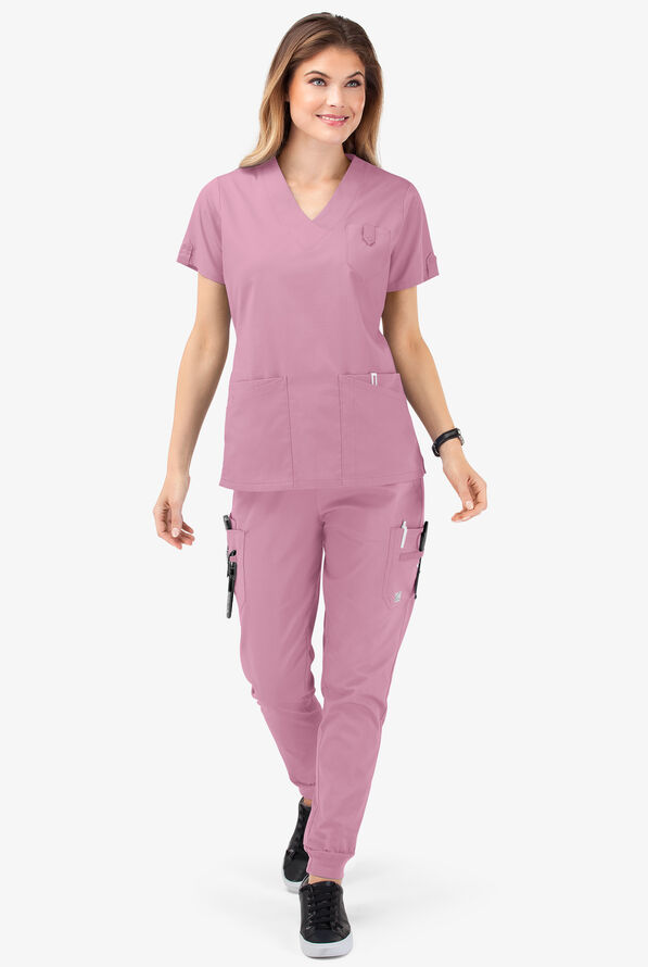 Butter-Soft STRETCH Women's 6-Pocket V-Neck Scrub Top - Cherry Blossom - 2