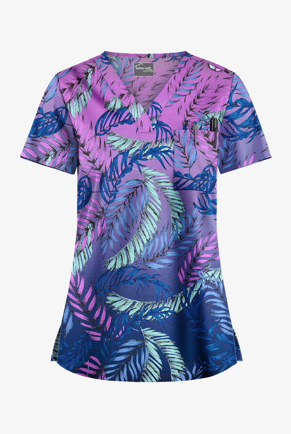 UA Butter-Soft STRETCH Palm Fronds Aqua Moon Women's 1-Pocket V-Neck Print Scrub Top - null - 1