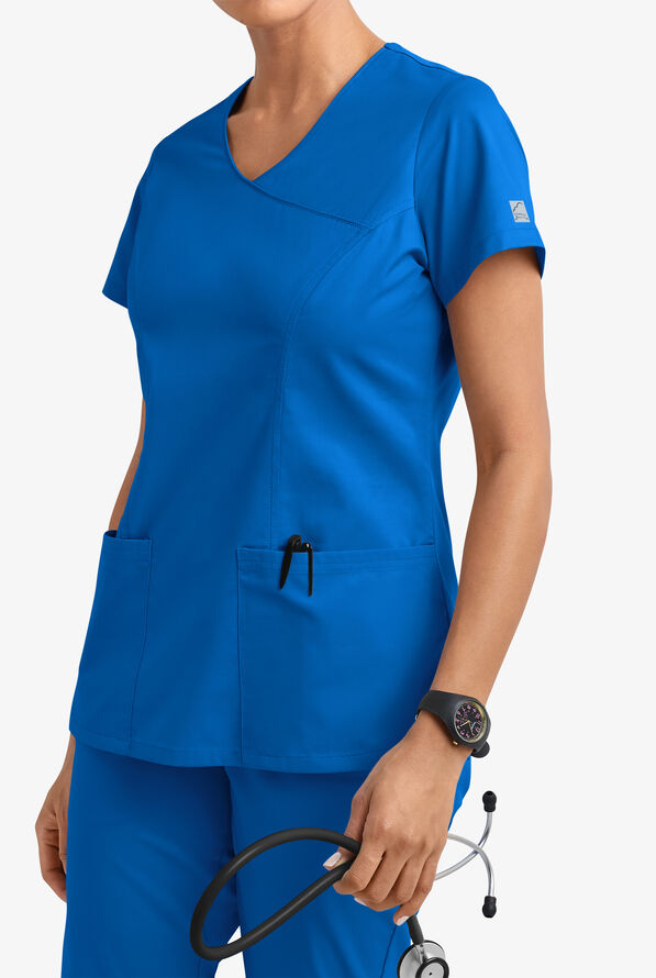 Butter-Soft STRETCH Women's 3-Pocket V-Neck Mock Wrap Scrub Top - Royal - 2