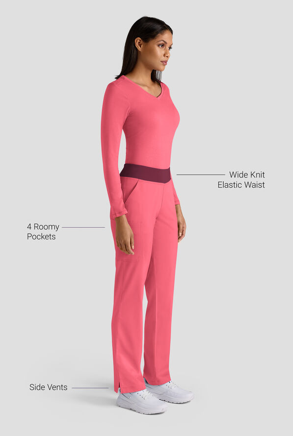 Butter-Soft STRETCH FLXTEK+ Women's 4-Pocket Knit Waistband Yoga Scrub Pants - Rouge Rose/Wine - 3