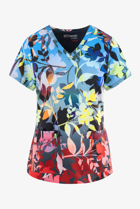Grey's Anatomy Spandex Autumn Luster Floral Women's 4-Pocket STRETCH V-Neck Print Scrub Top - null - 1