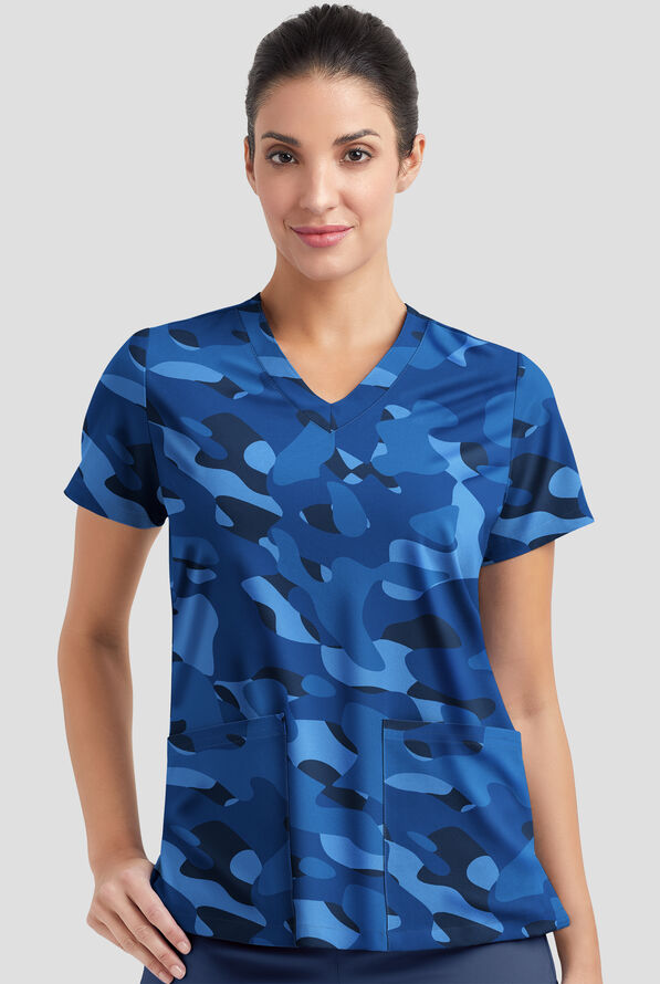 Strictly Scrubs STRETCH Cloud Camo Navy Women's 2-Pocket Mitered V-Neck Print Scrub Top - null - 2